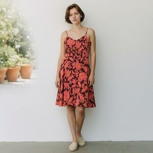 LOFT Womens Size 6 Tropical Floral Print Midi Dress Pink Brown Adjustable Straps